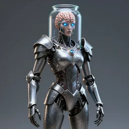 “a fully cybernetic full body androgynous posthuman that is a brain in jar cyborg with corrugated arms and a sheet plated body, the eyes and mouth have a bluish emissive hue, rendered with direct inpisration from the original StarCraft and Viking armor”