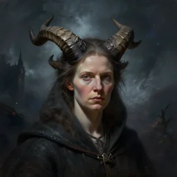 a digital painting of a marie curie with horns on her head, concept art by peter mohrbacher, featured on cgsociety, fantasy art, cosmic horror, artstation hd, dark and mysterious