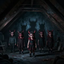 Little devil crowd in the attic, dark, shadows, night, 8k Photography
