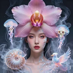 3 d head shot portrait of the face of a beautiful princess, giant orchid flower, jellyfish face skull phoenix bird, translucent, nautilus, smoke and water energy flow. highly detailed, epic. octane render, excellent composition, by wlop, tooth wu, greg rutkowski, beeple