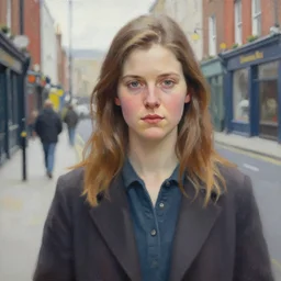 portrait of a young irish woman on a street in dublin. otto duecker hyperrealistic illustration.