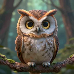 owl magic forest, cute friendly crazy owl closeup macro with beauty eyes sitting on a tree branch, in the style of craola, shallow depth of field, highly detailed, digital painting, trending artstation, concept art, illustration, cinematic lighting, vibrant colors, photorealism, epic, octane render