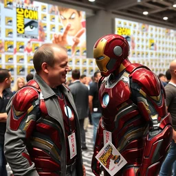 kevin feige meeting iron man at a comic con conference marvel disney