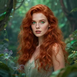 full body detailed shot of a beautiful red haired woman with a beautiful face, green eyes high detail, looking at the camera, lush dreamy background, vaporware, 8 k