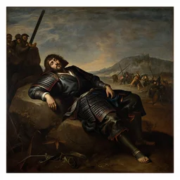 a samurai warrior rests wearily on a boulder after battle. priceless renaissance painting. wide angle, style of caravagio, emotional, atmospheric. 8 k hd. detailed.