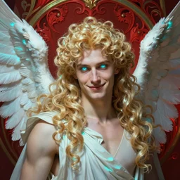 the pale blond male angel of battle apollo smirking, sci fi, glowing eyes, extremely long curly blond hair, baroque curls, volumetric lights, red and cyan theme, art nouveau botanicals, intricate, highly detailed, digital painting, artstation, concept art, smooth, sharp focus, cinematic, illustration, beautiful face, art by artgerm and greg rutkowski and alphonse mucha