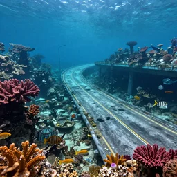 An ((abandoned)) underwater highway. Highway is surrounded by colourful corrals, schools of fish and vibrant sea life.