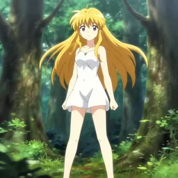 isekai beautiful anime girl hestia danmachi, kamisama standing in forest. flat face. aesthetic, golden ratio. beautiful lineart, ranking on contest, artstation, soft lighting, artistic pose, character concept, cinematic, motion blur, chromatic abberation. by kon satoshi
