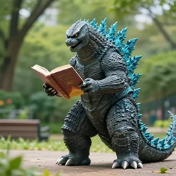 godzilla is reading a book in the city park.