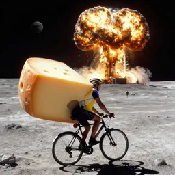 a wheel of cheese is cycling on a bike on the moon and cycles away from a large nuclear explosion. photorealistic
