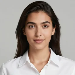 a studio headshot photograph of a beautiful latin woman in her mid 2 0's wearing a button down shirt with tropical floral print shirt, large hoop earrings. yellow backdrop. a red origami parrot sitting on her shoulder.
