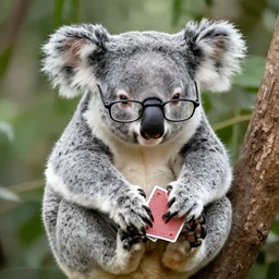 koala with glasses shuffling cards