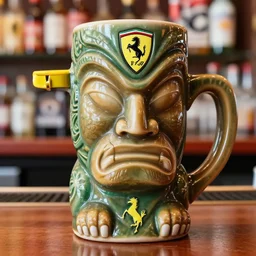 a closeup photorealistic photograph of a ferrari themed tiki mug at at a trader vic's bar featuring the face of young enzo ferrari. the mug as a handle shaped like the ferrari logo. tiki theme. bright scene. fine detail. this 4 k hd image is trending on artstation, featured on behance, well - rendered, extra crisp, features intricate detail, epic composition and the style of unreal engine.