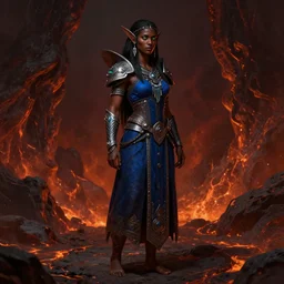 Beautiful Young Female Shaman, shamanistic dark blue clothes, ornamental, covered!, metal garments, dark brown skin, green supernatural eyes, looking across the shoulder, full body, extremely detailed!, high fantasy, matte painting, detailed face!, warcraft, barefoot, single character!, magma background, by Rossdraws, James Jean, GENZOMAN, Andrey Ryabovichev, Mark Simonetti and WLOP, trending in artstation, artstationHD, artstationHQ, cgsociety, octane, 16K HD, NO extra arms!, realistic!