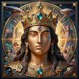 symetrical art deco poster illustration highly detailed ornate with jewels and precious metals majestic face of the man king close up in the bg entrance castle kingdom of shambala as shangri - la, space ships, futuristic, land of advanced races, giants, hollow earth, hiperrealistc, global illumination, radiant light, detailed and intricate environment. art by oleg oprisco, 8 k