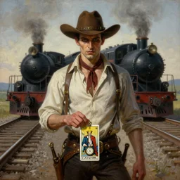 a dramatic ethereal epic symmetrical painting of a handsome villainous cowboy standing in front of railroad tracks with a train locomotive | his shirt is unbuttoned and he has a pocketwatch | tarot card, ( steampunk ), homoerotic. highly detailed painting by gaston bussiere, craig mullins, j. c. leyendecker 8 k