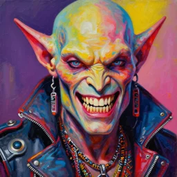 gap toothed peter lorre as an apocalyptic scifi orcish biker character, psychedelic vibrant colors, futuristic punk rock fashion, oil painting by michael whelan art, perfect face, sharp focus, detailed eyes, realistic, 8 k