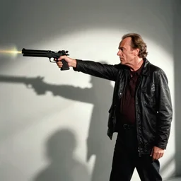 Jack Nicholson plays Terminator, shooting from a gun, film still