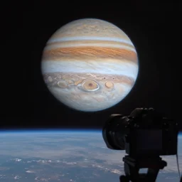 a photograph taken by a camera on europa, photograph is of jupiter in the sky, the horizon is visible,