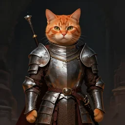 orange cat wearing medieval suit of armor, illustration, concept art, art by wlop, dark, moody, dramatic