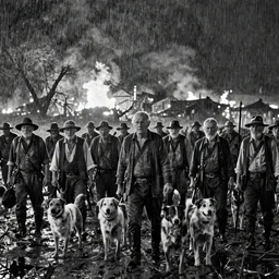 movie still of a crowd of elder hunter and dogs in a swamp by night with a heavy burning town backround, cinestill 8 0 0 t 3 5 mm b & w, heavy grain, high quality, heavy rain