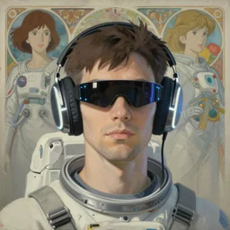 future coder man looking on, sleek cyclops display over eyes and sleek bright headphoneset, neon accent lights, desaturated headshot portrait painting by dean cornwall, rhads, john berkey, studio ghibli, alex grey, alphonse mucha, donoto giancola, astronaut cyberpunk electric fashion photography