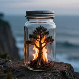 glass jar with a burning tree inside, standing on a cliff, bokeh, ocean in the background, metal lid, dramatic lighting, hyperrealistic, highly detailed, intricate, very sharp focus