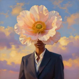 portrait, giant flower as the head, a black woman in a suit, surreal photography, golden hour, colorful clouds, impressionist painting, digital painting, artstation, simon stalenhag
