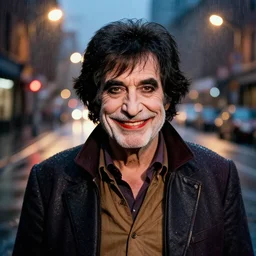 beautiful portrait photograph of Bob Ross, attractive symmetrical face with a menacing smile as the joker on a Gotham City street in the rain, moody lighting from streetlights at midnight taken by David LaChapelle