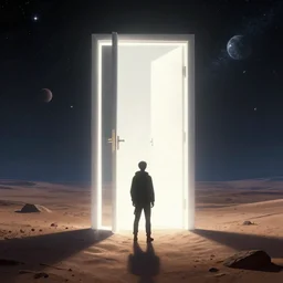 a person standing in front of a glowy open door that's on a barren planet, poster art by mike winkelmann, trending on cg society, space art, sci - fi, ue 5, futuristic, volumetric lighting