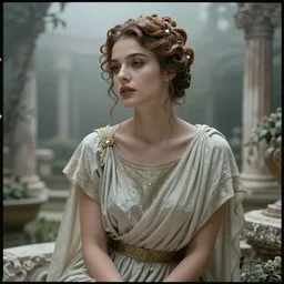 cinestill 5 0 d portrait of a beautiful dreamy woman by annie liebovitz, sitting in a hyper detailed ancient roman garden, pale dramatic tonal glossy, hair intricate style, wearing are intricate ancient roman dress, elegant, highly detailed, soft foggy blur, artstation, sharp focus, head in focus,