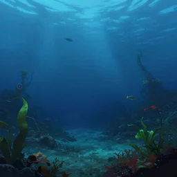 Alien world underwater on the ocean bed, deep blue water color, cinematic perspective, slight green and red plant life around, small alien fish swimming in the background, matte painting, Artstation