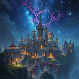 an concept art of the ancient town surrounded by magic guardians, lovercraft city, intricate details, detailed sky, detailed structures, starry night, artstation, epic scenery, colourful light, by kentaro miura and vasnetsov