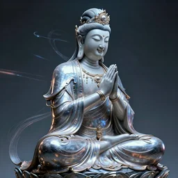 photo of an ecstatic smiling cyberpunk bodhisattva, praying meditating, side photo, intricate, elegant, dynamic lighting, in the style of wlop!!! and android jones and artgerm