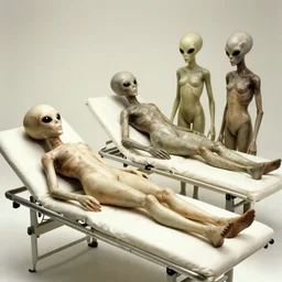 alien bodies on gurneys. 1940s photograph.