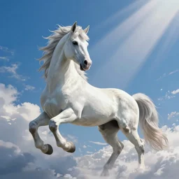 Illustration of a mythological Pegasus, blue sky, clouds, god rays. Fantasy, digital art, HD, detailed, 4k, 8k.