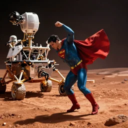 Superman breakdances near the opportunity rover on Mars