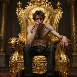 highly detailed portrait of a lonely thin man crying while sitting alone on a golden throne, unreal engine, fantasy art by pablo picasso