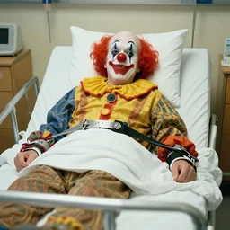 crazy elderly clown lying in hospital bed with wrist restraints on, attached to hospital bed siderails, greg rutkowski, photograph, 8 k