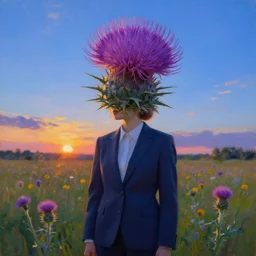 portrait, an enormous thistle flower under head, girl in suit in field of flowers, surreal photography, sunrise, blue sky, dramatic light, impressionist painting, digital painting, artstation, simon stalenhag
