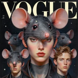 3 d, close - up, fashion model with rat ears, stars, space, vogue cover style, poster art, hyper detail, intricate oil painting, multiple exposure, 3 d, by tooth wu and wlop and beeple and greg rutkowski