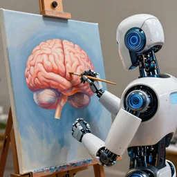 photorealistic illustration of a robot making a beautiful painting of a human brain on a canvas, robot holding a paint brushes, artstation, deviantart, cgsociety