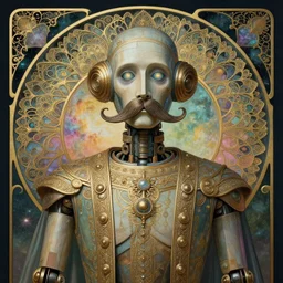 1 9 6 9 hippy robot, large metal mustache, muted colors, benevolent, nebula background, glowing eyes, detailed realistic surreal retro robot in full regal attire. face portrait. art nouveau, visionary, baroque, giant fractal details. vertical symmetry by zdzisław beksinski, alphonse mucha. highly detailed, realistic