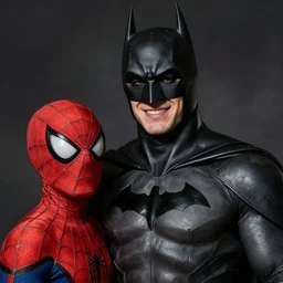 Photography, A Batman with a boy as Spiderman , big smile