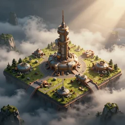 an isometric map of a dieselpunk outpost, volumetric fog, beautifully colored, raytracing, back light, raymarching, by ilm, by digital domain, by weta digital