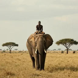 film still of matrix, extreme wide shot of an tribal african man riding an elephant alone on the savannah, extreme long shot, 4 k, award winning