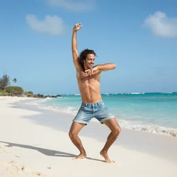artistic representation of a happy man dancing alone in aruba on the beach