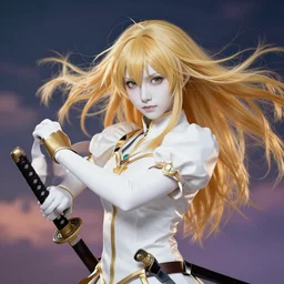 renaissance art elf girl with white skin, katana in hand, golden hair blowing the wind, trending artistic art, dynamic photography, photorealistic, fate zero, realistic face, extremely high detailed, bokeh color background, studio ghibly makoto shinkai yuji yamaguchi, wlop