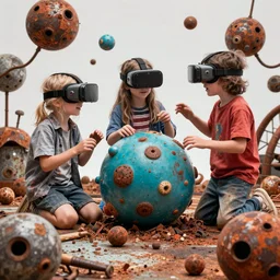 junky kids playing, microspheres, cybertronic gadgets and vr helmet, durty colours, rotten textures, rusty shapes, biotechnology, tim hildebrandt, wayne barlow, bruce pennington, donato giancola, larry elmore, oil on canvas, masterpiece, trending on artstation, featured on pixiv, cinematic composition, hyper - detailed, hd, hdr, 4 k, 8 k
