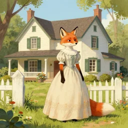 an anthropomorphic fox stands outside her beautiful country home, she wears a large dress, illustration by Mary Jane Begin, Steven James Petruccio, Keren Katz, Thomas Kinkade